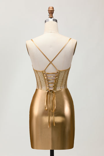 Metallic Satin Ruched Golden Bodycon Corset Homecoming Dress with Beading